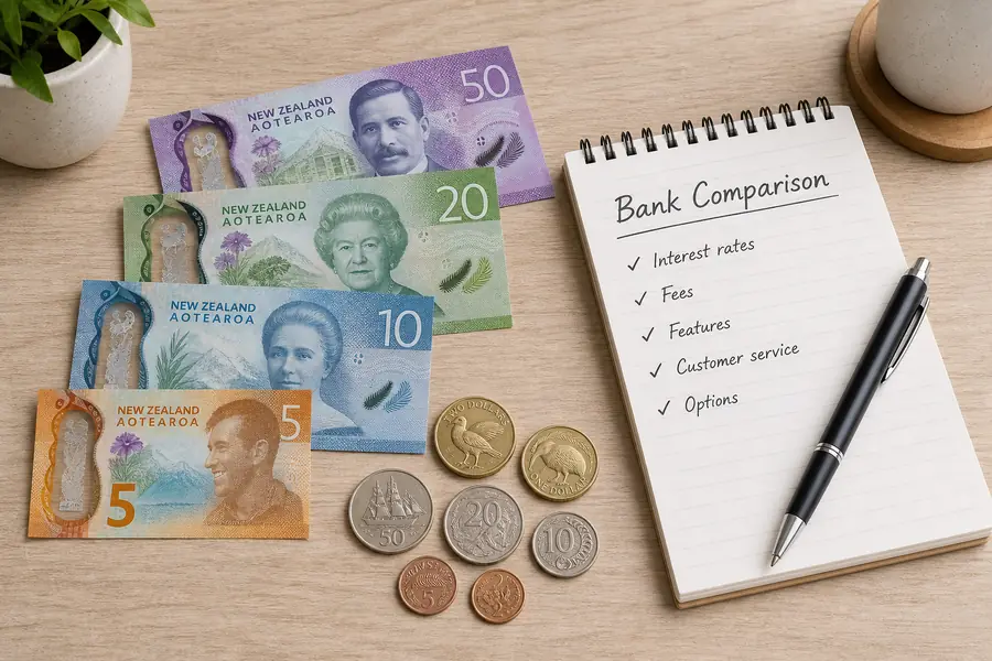 New Zealand notes and coins beside a notepad