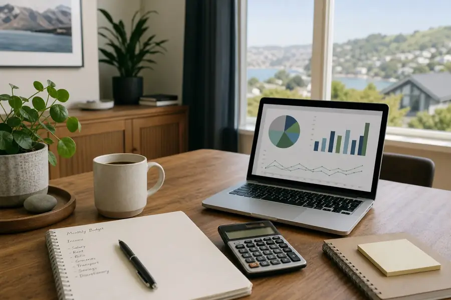 Household budgeting workspace with notebook and laptop