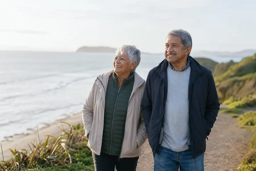 Couple walking a coastal path representing longer-term planning