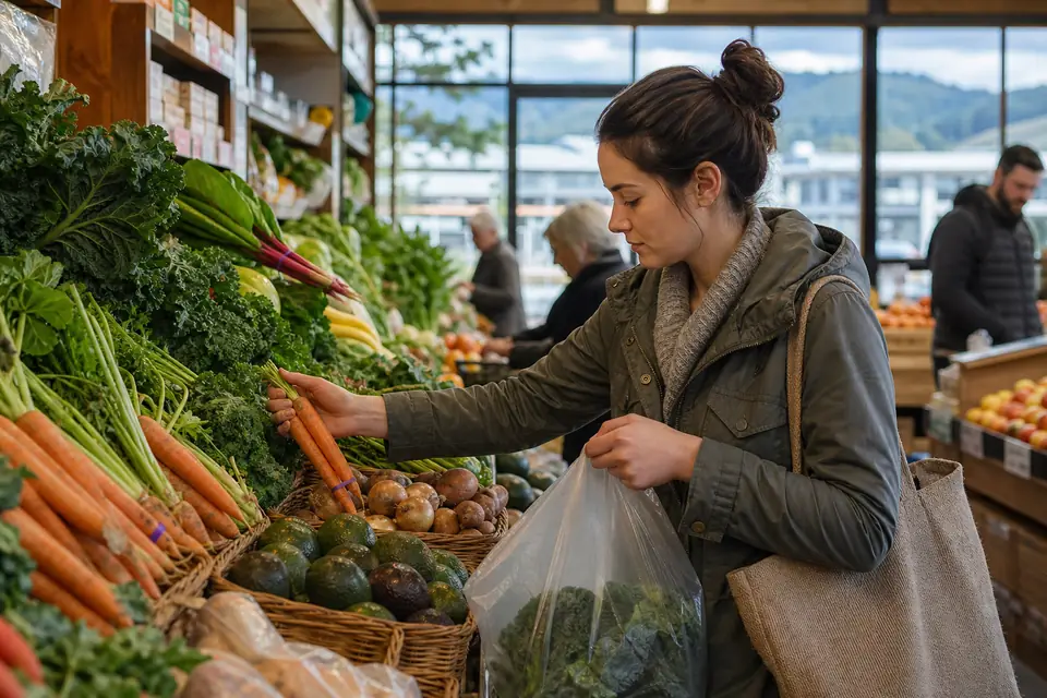 Fresh produce aisle representing everyday household costs