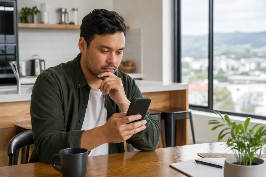 Person carefully reviewing a smartphone at a kitchen table
