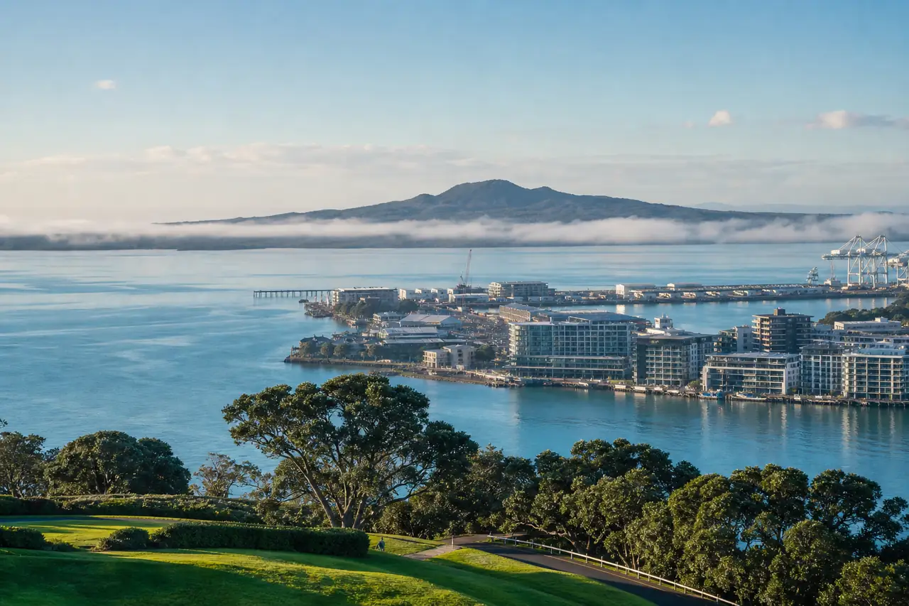 Auckland harbour at sunrise with Rangitoto on the horizon